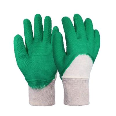 China Construction Hotsale Tank Top Striping Knitted Green Wrist Cuffs Palm Ply Finished Work Safety Half Latex Dipped Ply Coated Hand Gloves for sale