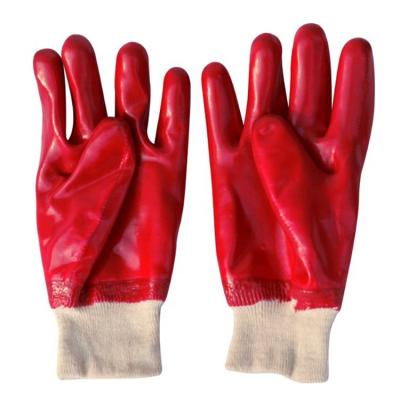 China Construction Smooth Finished Red Knit Wrist Cotton Fully Dip Coating Hand Safety PVC Industrial Construction Gloves 26cm for sale