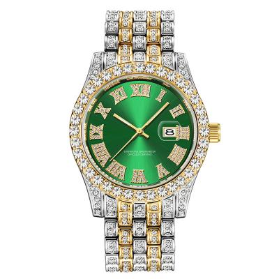 China Auto Date Amazone Full Diamond Quartz Analog Watches Hot Selling 2021 New Fashion Male Silver Gold Rhinestone Dress Watches for sale