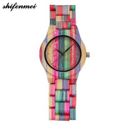 China New Fashion Brand Alarm Bamboo Wooden Women Watch 6 Colors Leather Strap Wristwatches Classic Men Dress Casual Unisex for sale