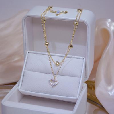 China CLASSIC Shiny Luxury Jewelry Real Bling Shiny Luxury Jewelry Double Layer 14k Gold Stainless Steel Cubic Zircon Heart Necklace Clavicle Chain For Girl for sale