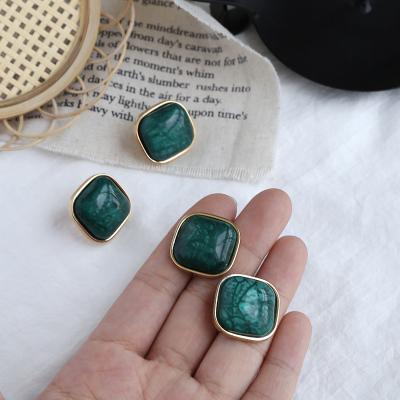 China CLASSIC No Pierced Ear Clip Resin Studs Geometric Earrings Square Earrings Green Pattern Vintage Studs Earrings for sale