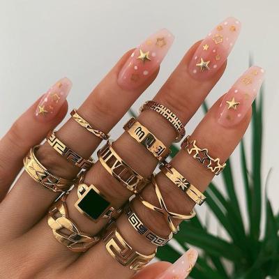 China CLASSIC New Design 13 PCS Places Geometric Alloy Rings Index Finger Ring Gold Color Gem Joint Ring Ladies Letter Ring for sale