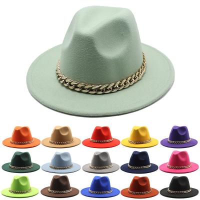 China Wholesale Picture Wool Felt Hats With Chain Autumn Wide Brim Women Fedora Hats Designer Flat Brim Soft Part Fedora Hats for sale