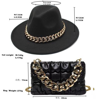 China Fashion 2022 Fashion Purse And Hat Set For Women Brand Handbag Felt Fedora Hat With Chains Two Piece Sets for sale