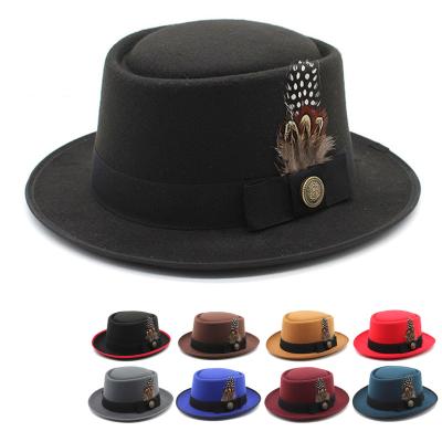 China 2022 Character Wool Felt Pitcher Hat Ribbon Belt Hat Mens Womens Wool Felt Fedora Hats Porkpie Pork Pie With Feather for sale