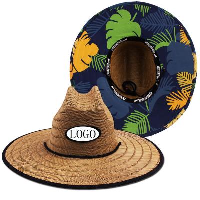 China Fashional Mexico Straw Sombrero Chin Cord Lifeguard Printing Straw Hat Popular Style Wide With Edge Camouflage Flower Printed for sale