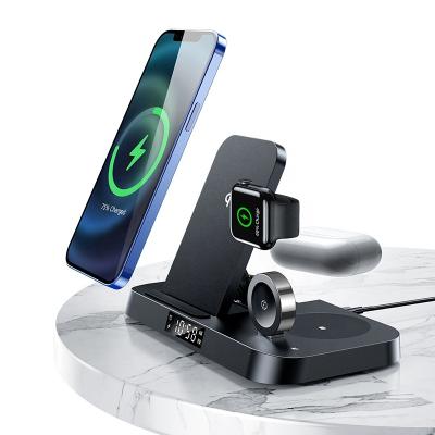 China 2022 New Arrival Multifunctional Fast Charging Mobile Wireless Chargers Foldable 4 in 1 Wireless Charger with Clock Time for sale