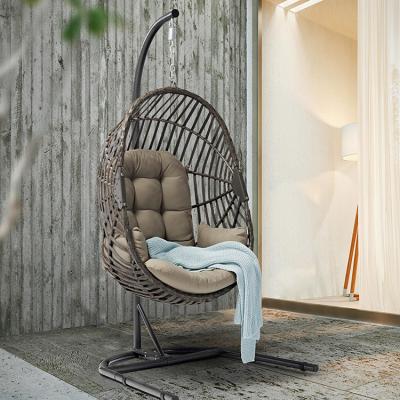 China Contemporary Outdoor Folding Metal Rattan Wicker Egg Shaped Swing Chair Garden Yard Balcony Camping Patio Swing Hanging Chair for sale