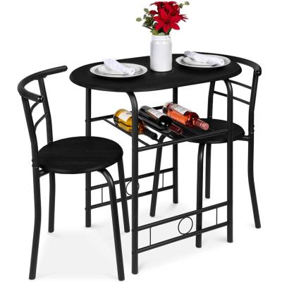 China 3-Piece Space Foldable Wood Dining Contract Furniture Round Kitchen Dining Table And Chair Set With Metal Frame Wine Rack for sale