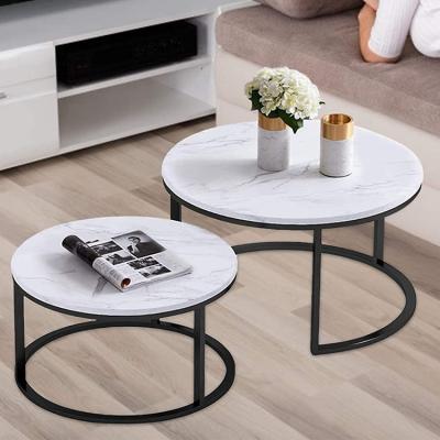 China Modern Living Room Round Nesting Side Table Set Wooden MDF Metal Frame Coffee Snack End Table Marble Color Top Tea Table Set Of 2 for sale