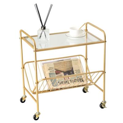 China Modern Rectangular Metal Extendable Two Tier Modern Glass Coffee Table Small End Gold Living Room Side Table with Magazine Storage and Wheels for sale