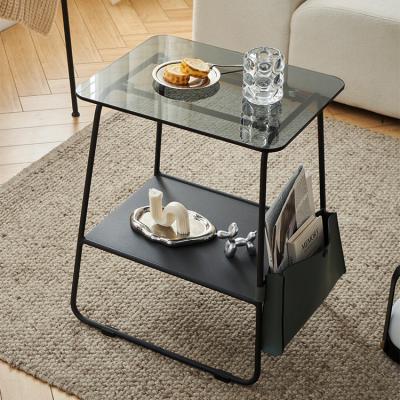 China 2-Tier Extendable Nordic Living Room End Table Cafe Snacks Coffee Table Bedside Industrial Glass-metal Square Table for sale