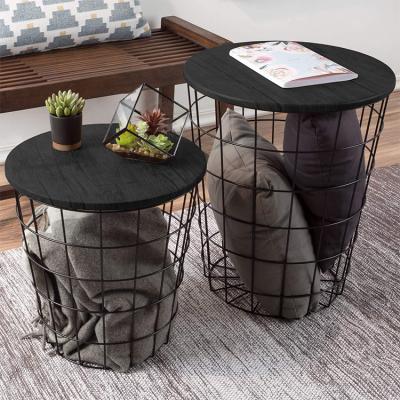 China (Other) Home Living Room Adjustable Round Nesting Wood Table End Tables Coffee Side Table With Storage Metal Basket for sale