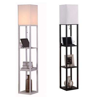 China Floor Standing Lampshade Dimmable Solid Wood Column Storage Shelf Canvas Shade Modern Black White Floor Lamp for sale