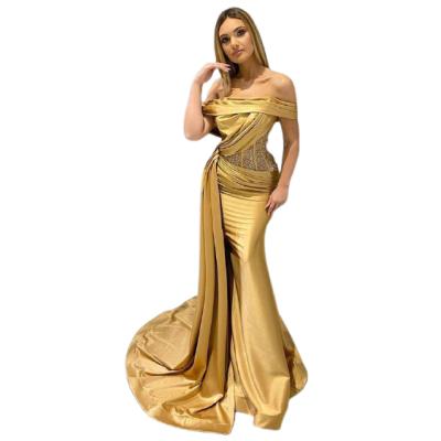 China 2021 Autumn New Gold Irregular Full Length Satin Evening Dresses Anti-Static Sequins Celebrity Dresses Wedding Cocktail Long Prom Dress for sale