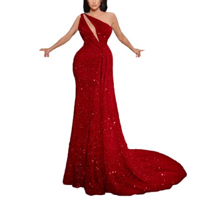 China 2021 Anti-Static Sequined Slim Red Evening Prom Dress Fashion One Shoulders Hollow Out Elegant Cocktail Wedding Party for sale