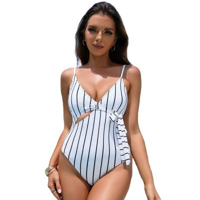 China White Striped Fashion Sexy Girls Lace Up One Piece Swimwear Plus Size Hollow Out for sale