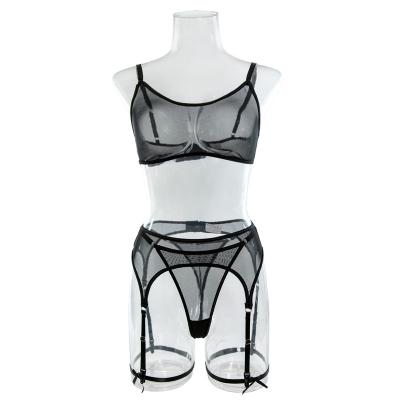 China 100% Polyester OEM Bra Mesh Embroidery Underwear Three-Piece Suit Nightgown For Honeymoon Sexy Lingerie for sale