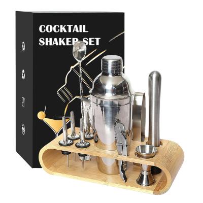 China Cocktail Shaker Set Factory Gift Maker Plated Colorful Custom Bamboo Bartender Kit Cocktail Shaker Set Gold Black Logo Bar Stainless Steel Holder 12pc for sale