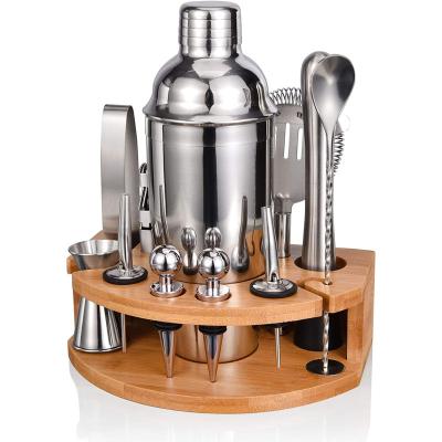 China Cocktail Shaker Set Bar Tool Stainless Steel Jigger Profesional Mixology Bartender Kit Cocktail Shaker Set With Bamboo Stand for sale