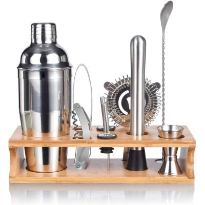 China Bartending Gift Cocktail Shaker Kit Set Mixology Stainless Steel Profesional Shaker Holder Set Bar Accessories Bamboo cocktail for sale