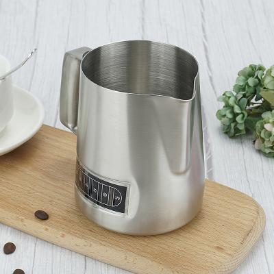 China Custom Stocked Metal Stainless Steel Latte Art Milk Jug Frothing Coffee Pitcher with Small Thermometer for sale