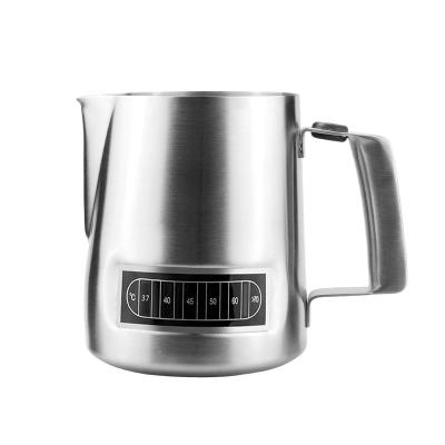 China Custom Stocked Metal Stainless Steel Latte Art Coffee Jug Frothing Milk Pitcher With Thermometer for sale