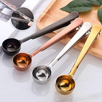 China Disposable Custom Color Measuring Cup Gold Stainless Steel Coffee Scoop With Clip for sale