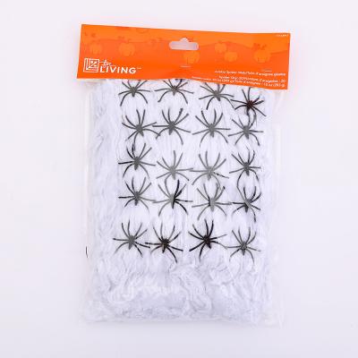 China Activity Decoration Indoor Outdoor Halloween Decoration Stretchy Spider Web Spider Web Stretch with Four Spiders Party White Spider Web for sale