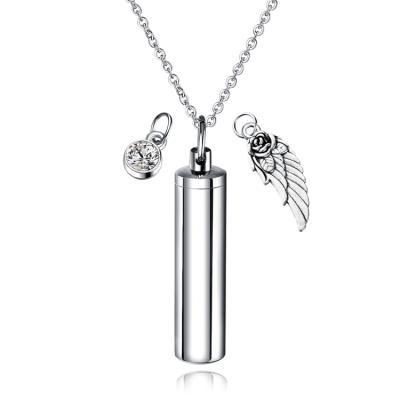 China CLASSIC High Quality 316L Stainless Steel Pet Ash Container Cylunder Keepsake Pendant With Angel Wings for sale