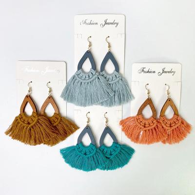 China Fashionable Cotton Professional Bohemian Handmade Rope Earrings Tassel Women Design Earrings Wooden Jewelry for sale