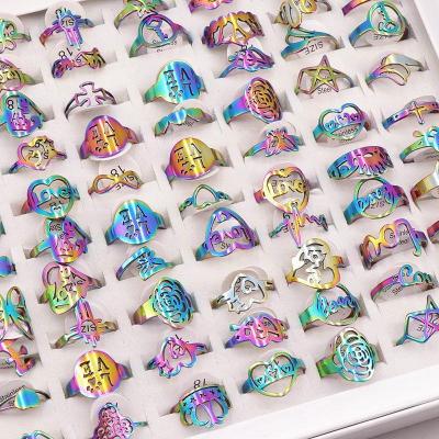 China Environmental Friendly 100pieces/lot Rainbow Animal Butterfly Rings Charm Wholesale Cross Rings Heart Stainless Steel Bulk Wedding Rings for sale