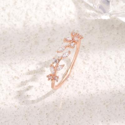 China Non Tarnish / Never Fade Adjustable Olive Branch Leaf Shaped Zircon Ring Engagement Open Rings For Women for sale