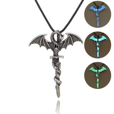 China Hot Selling Men's Glowing Necklace Dragon Pendants Halloween Necklace Chain Cross Flight Necklace Custom Men Women Retro for sale