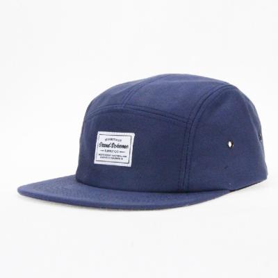 China Navy Blue COMMON Patch Logo 5 Panel Woven Camping Hat for sale