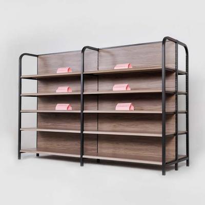 China Double-sided 4 Column Vintage Brown Wood Pattern Printed Steel Grocery Shelves Metal Display Supermarket Rack for sale