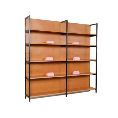 China Single-sided 5 Tier 4 Column Brownish Yellow Wood Printed Gondola Steel Display Racks Shelves For Retail Stores for sale