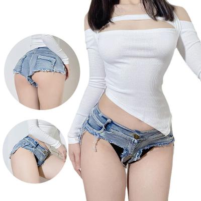 China Women's Supersized Mini Jeans Thongs Waterproof With Long Sleeve Top Open Crotch One Shoulder Sexy Crop Pants Denim Fashion Club Shorts for sale