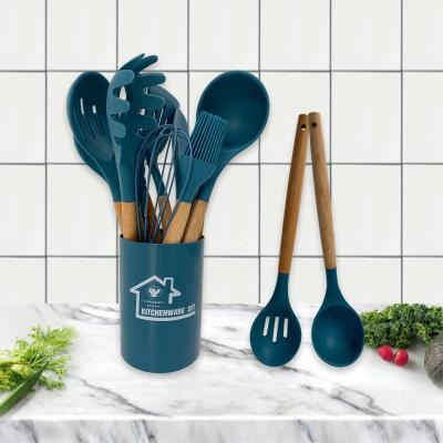 China Silicone Stocked 12 Pieces Kitchenware Set In 1 Kitchen Tools Set Kitchenware Silicone Cookware Set With Wooden HandlesHot for sale