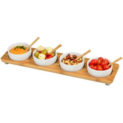 China Morden's Deluxe Bamboo Fun Serving Tray Plate Set with 4 Ceramic Bowls in the Line for sale