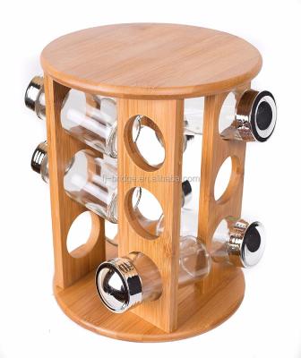 China Eco-friendly Kitchenware Bamboo Rotating Spice Rack with 12 Spice Glass Jars for sale