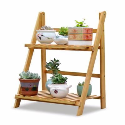 China Cheap Sustainable 2 Tier Plant Rack Ladder Corner Bamboo Shelf for sale