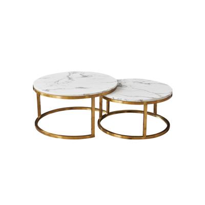 China Durable European Style White Bianco Carrara Marble Interior Around Stainless Steel Coffee Table Italy Top Stone Gold Metal for sale