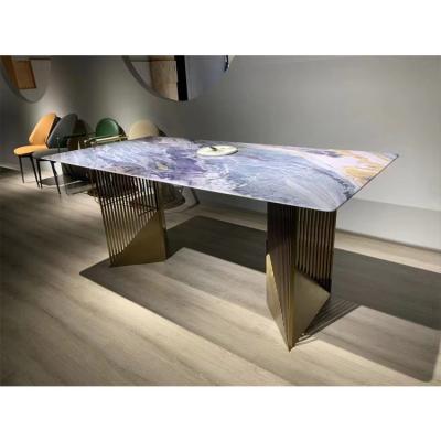 China High End Luxury Marble Dining Table Set Varnish Metal Baking Leg Chipboard Stone Marble Dining Table And Chair for sale