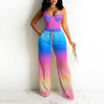 China wholesale Anti-wrinkle tie dye print tank tops and high waist drawstring wide leg pants 2 piece sets for women for sale