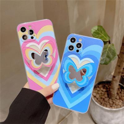 China Cute Rainbow Butterfly Korea Love Heart Shockproof Soft Clear Mirror Phone Holder Stand Cover For iPhone 13 11 12 pro XR Max X XS Max for sale