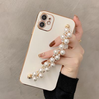 China Anti-fall 6D Electroplate Wrist Strap Crystal Pearl Chain Phone Case For iPhone 12 Pro Max 12mini 11 Promax XSMAX 7 8 Plus for sale