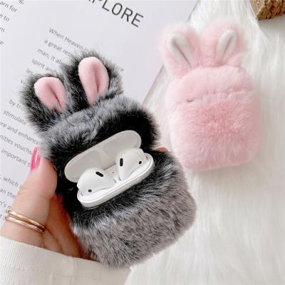 China For 2021 Luxury Cute Wireless Earphone Capa Filling Fluffy Box With Soft Carabiner Plush Cover Rabbit Ear Fur Case For AirPods pro 1 2 for sale