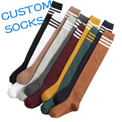 China OEM QUICK DRY cotton colorful knee bumps women's custom knee high socks striped two line high long knee socks for sale